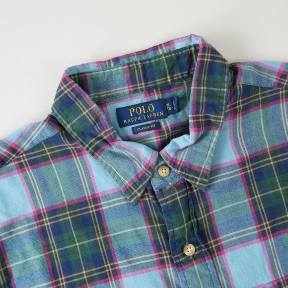 Polo Ralph Lauren Whitfield Elbow Patch Shirt Classic Fit Plaid Blue Men Sz XL - Picture 3 of 14